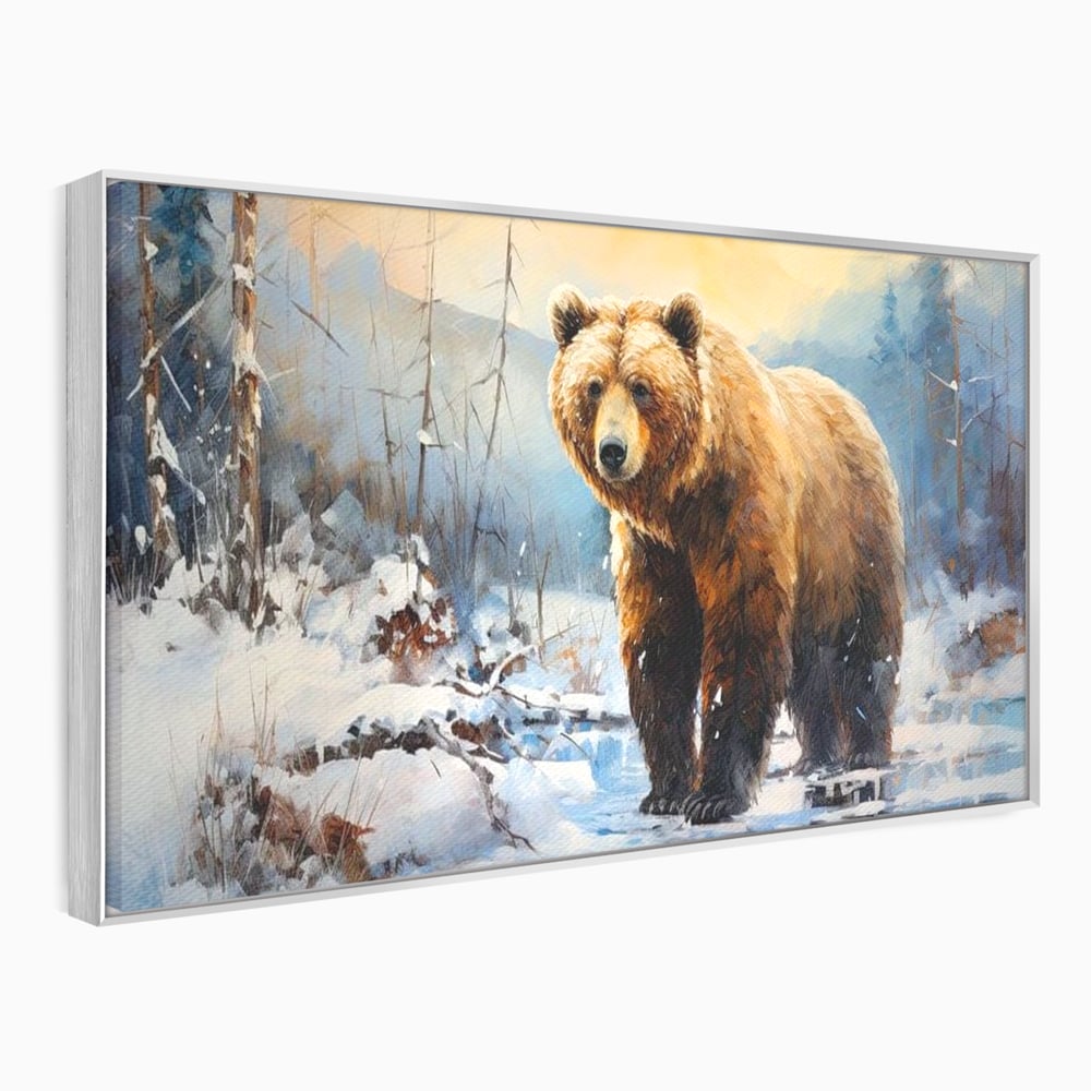 Tablou canvas cu tablou canvas cu urs brun in zapada, in rama de aluminiu argintiu